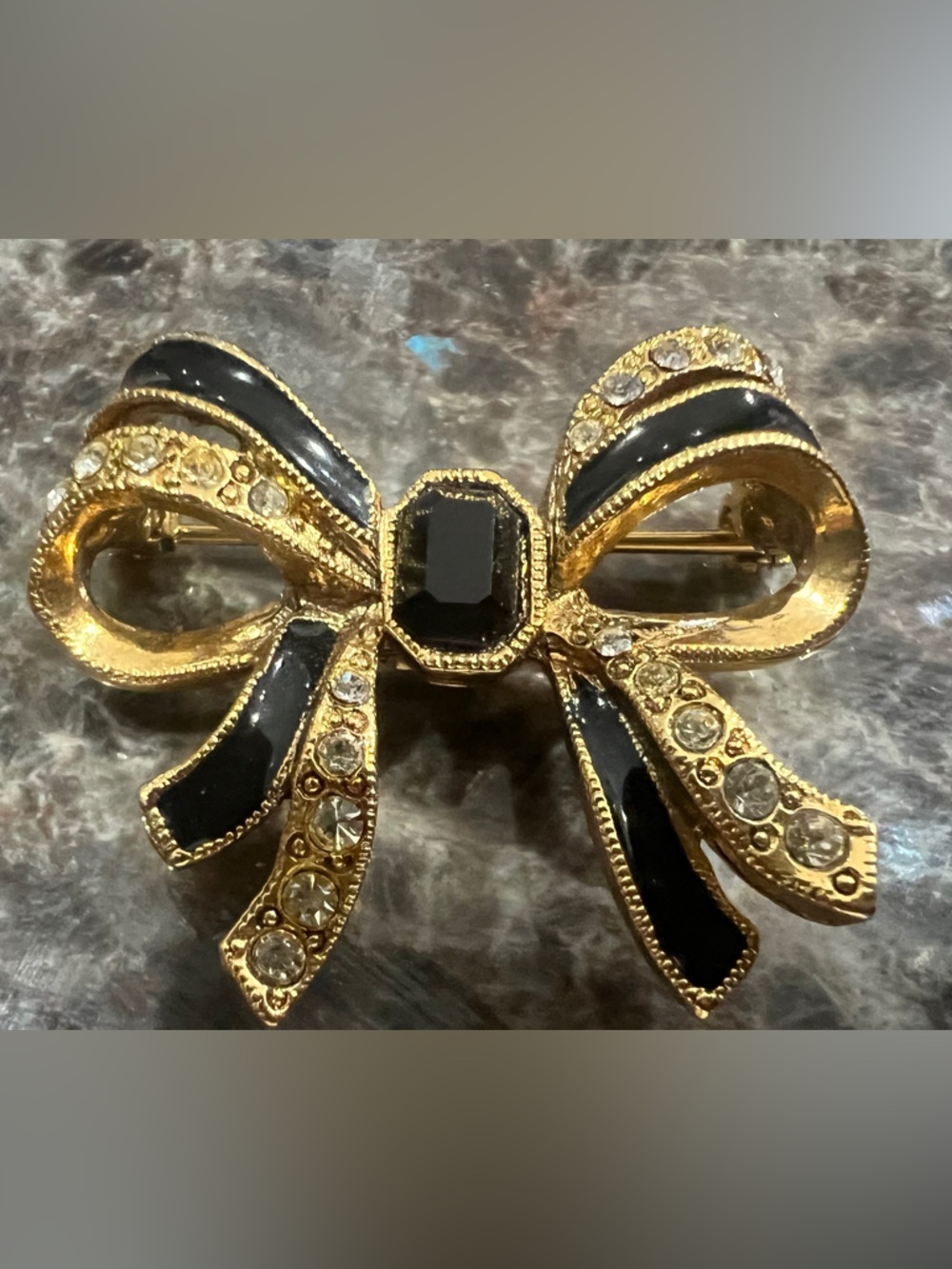 Gold Bow Brooch with Black Enamel and Clear Crystals
